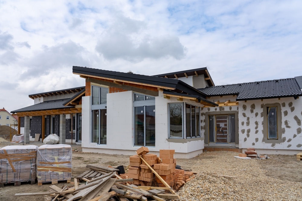 Modern,House,Under,Construction,With,Polystyrene,Insulation,Almost,Ready,.